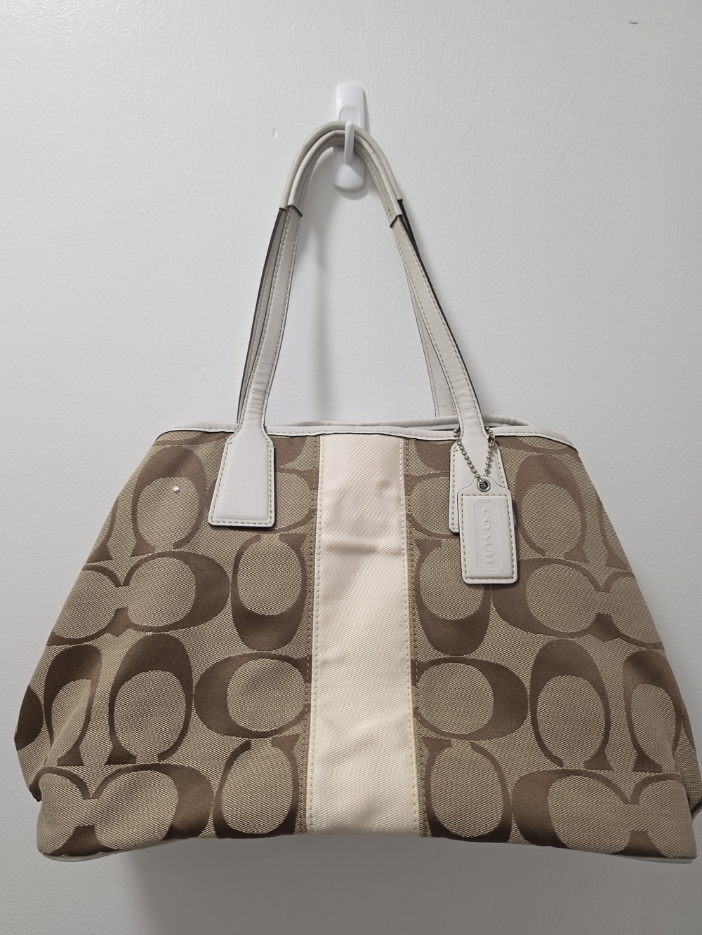 Coach Beige Signature Canvas Tote with Leather Trim